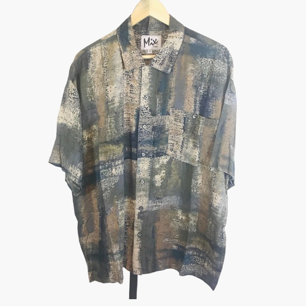 Mix Studio Mens Large Button Front Shirt Short Sleeve Grey and Beige Multicolor
